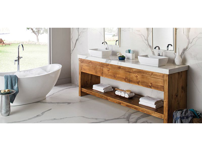 white tile floor in bathroom